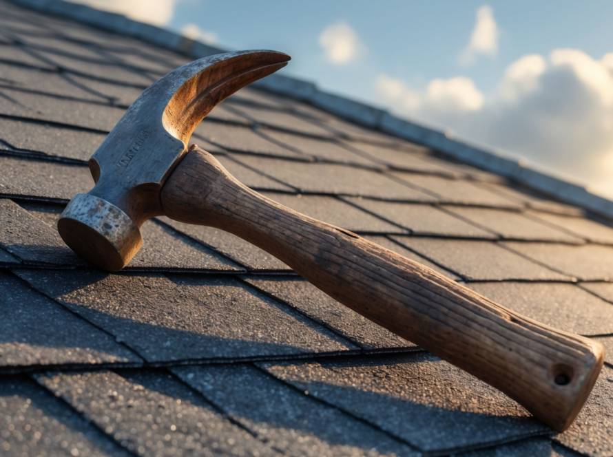 Shingling hammer placed on a sloping roof under bright daylight, representing why a shingling hammer is ideal for roofing work