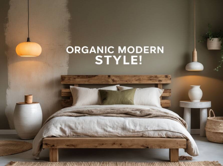 Serene organic modern style bedroom with a reclaimed wood bed frame, ivory linen bedding, and a jute rug. Features a taupe wall (#8B8589) with DIY limewash texture, a ceramic pendant light, and olive green pillows (#556B2F). Text overlay reads: 'Organic Modern Style!'