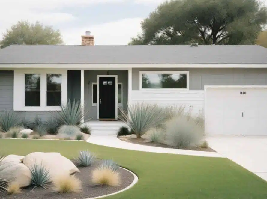 Beautifully remodeled split level home with light gray siding, white trim, and energy-efficient windows in Dallas. Features drought-resistant landscaping with yucca plants and ornamental grasses, showcasing excellent curb appeal of a professional split level home remodel