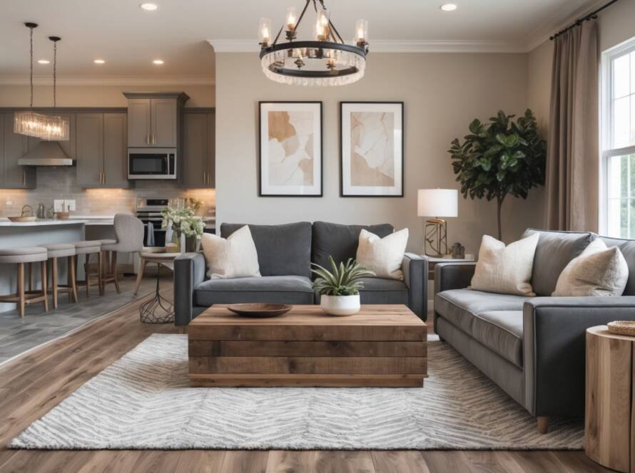 Cozy transitional living room with a gray velvet sofa, reclaimed wood coffee table, and textured wool rug. Features a seamless oak hardwood-to-gray tile floor transition with a walnut reducer strip, taupe curtains, and a transitional chandelier. Text overlay reads: 'Cozy Transitional Living Rooms!'