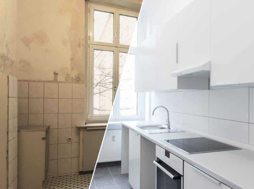 Before and after kitchen remodels showcasing a modern kitchen island with a white quartz countertop, black sink, wooden cabinets, pendant lights, and bar stools in a Dallas kitchen