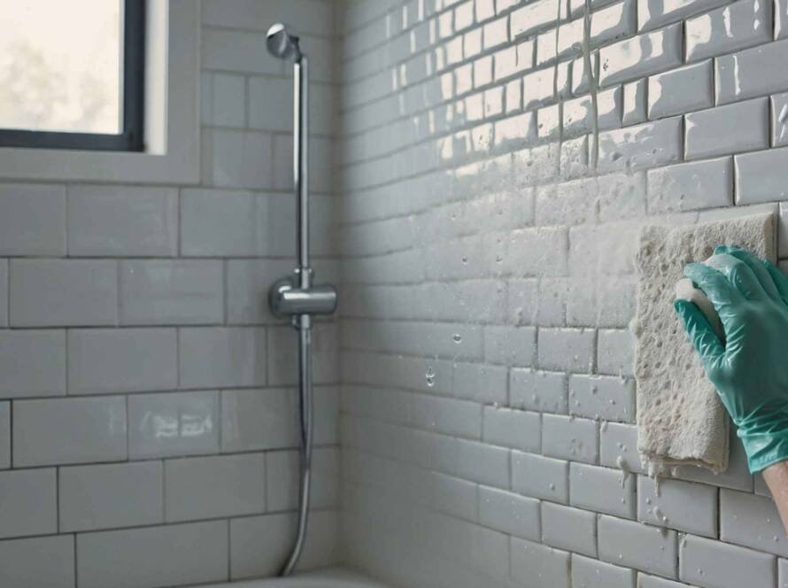 Gloved hand cleaning mold from bathroom tile grout with a brush in a bright, modern bathroom.
