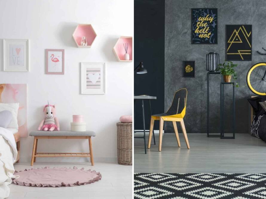 Two images of a budget-friendly teenage bedroom featuring a bicycle and a chair, showcasing decorating ideas for 2025.