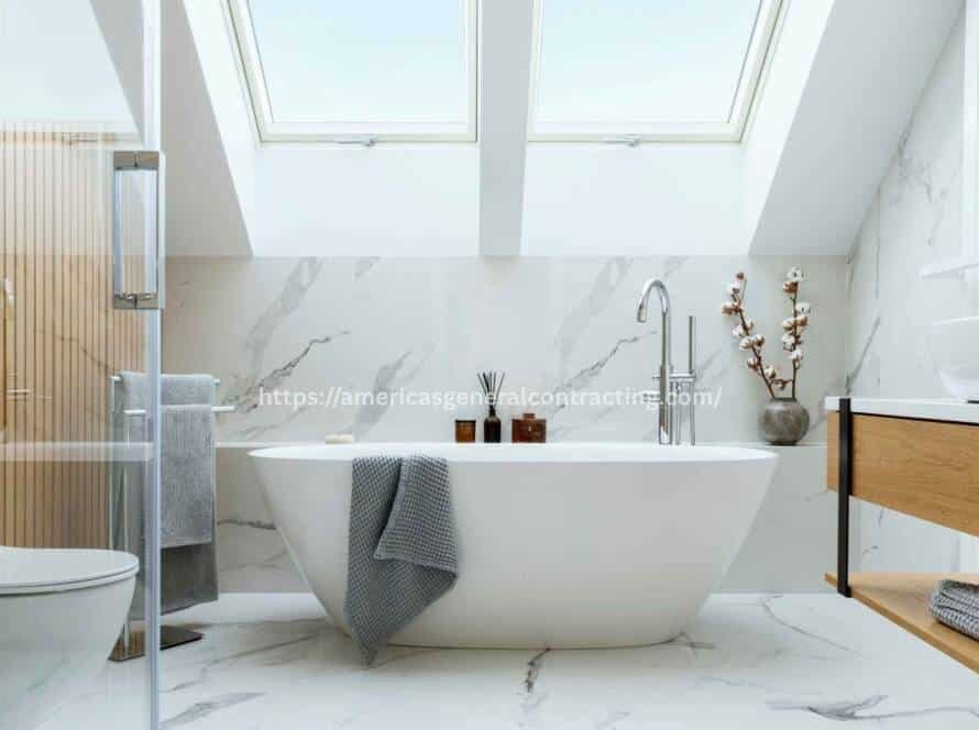 Modern master bathroom with a freestanding white tub, skylights, and a wooden vanity highlighting luxurious remodeling design.