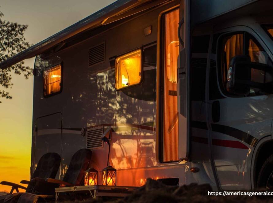A motorhome with lights on, parked at sunset, highlighting creative remodeling ideas for RV enthusiasts.