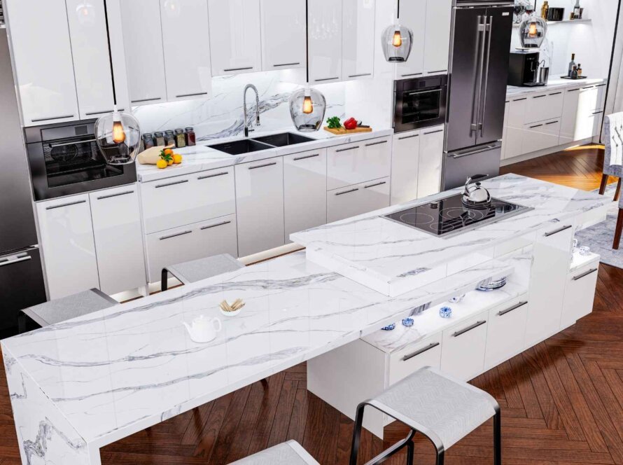 Modern kitchen with elegant marble countertops.