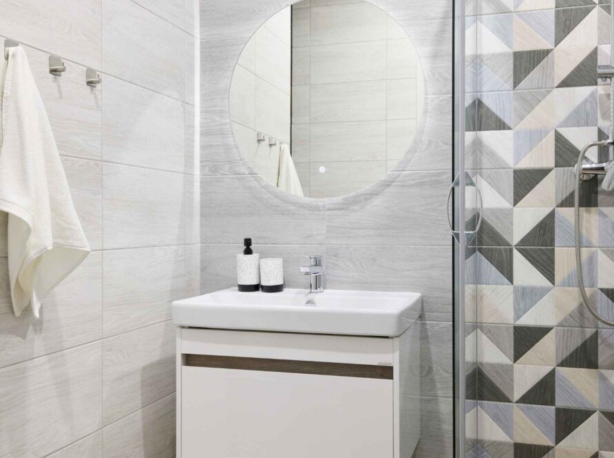 Modern bathroom with stylish design elements.